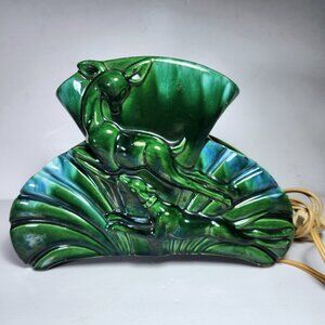 Vintage Ceramic Planter Lamp – Leaping Deer – Mid Century Green Glaze